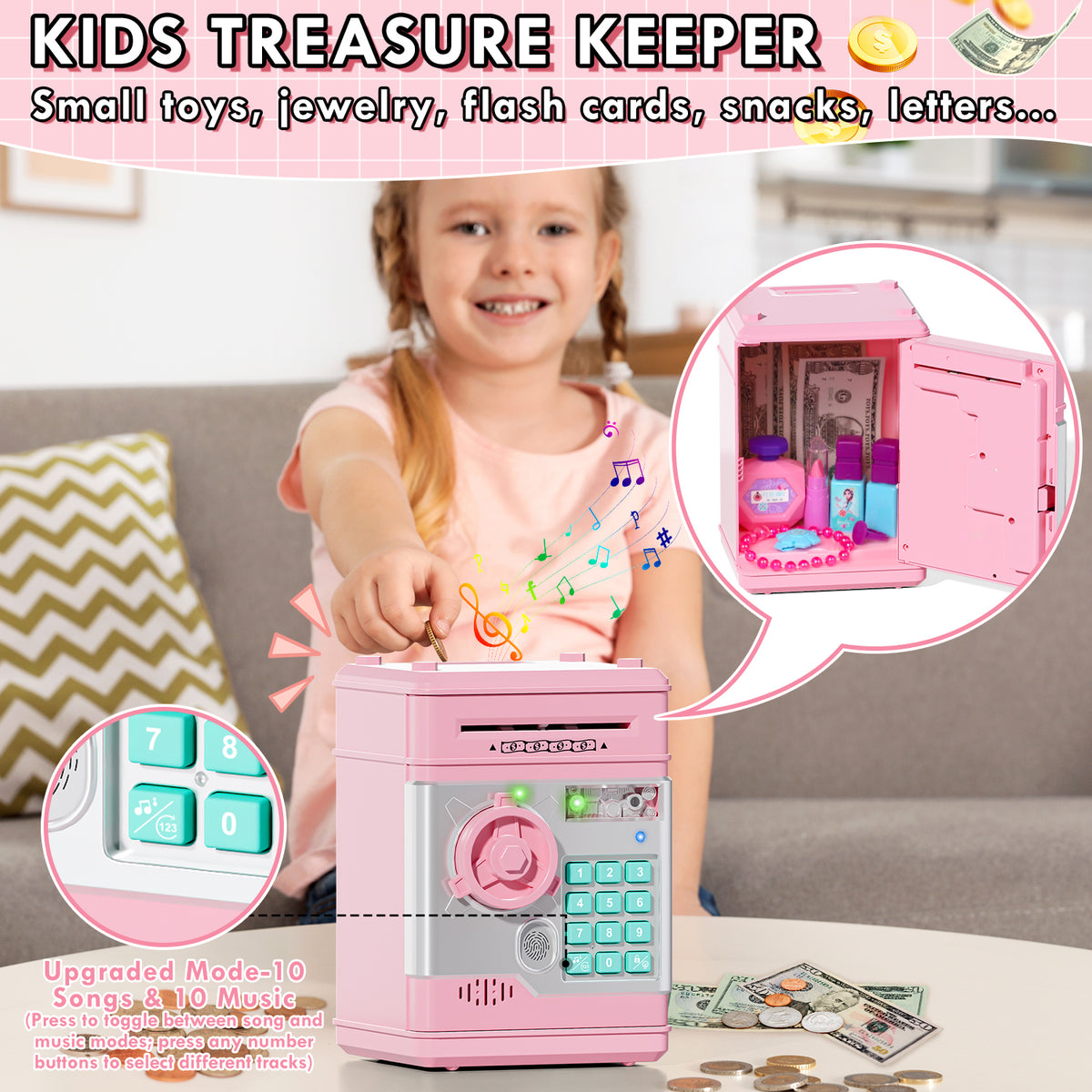 Piggy Banks for Kids, Fingerprint Recognition Electronic Money Saving Box with Password Protection, Automatic Paper Money Scroll - Pink