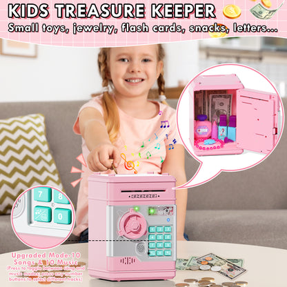 Piggy Banks for Kids, Fingerprint Recognition Electronic Money Saving Box with Password Protection, Automatic Paper Money Scroll - Pink