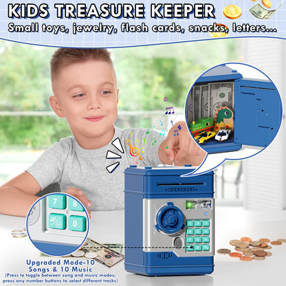 Piggy Bank Toy with Password and Fingerprint Unlocking Simulation, Automatic Electronic Piggy Bank with Music for Kids, Cash Coin Can ATM Bank for 3 4 5 6 7 8 9 Year Old Boys Girls - Blue