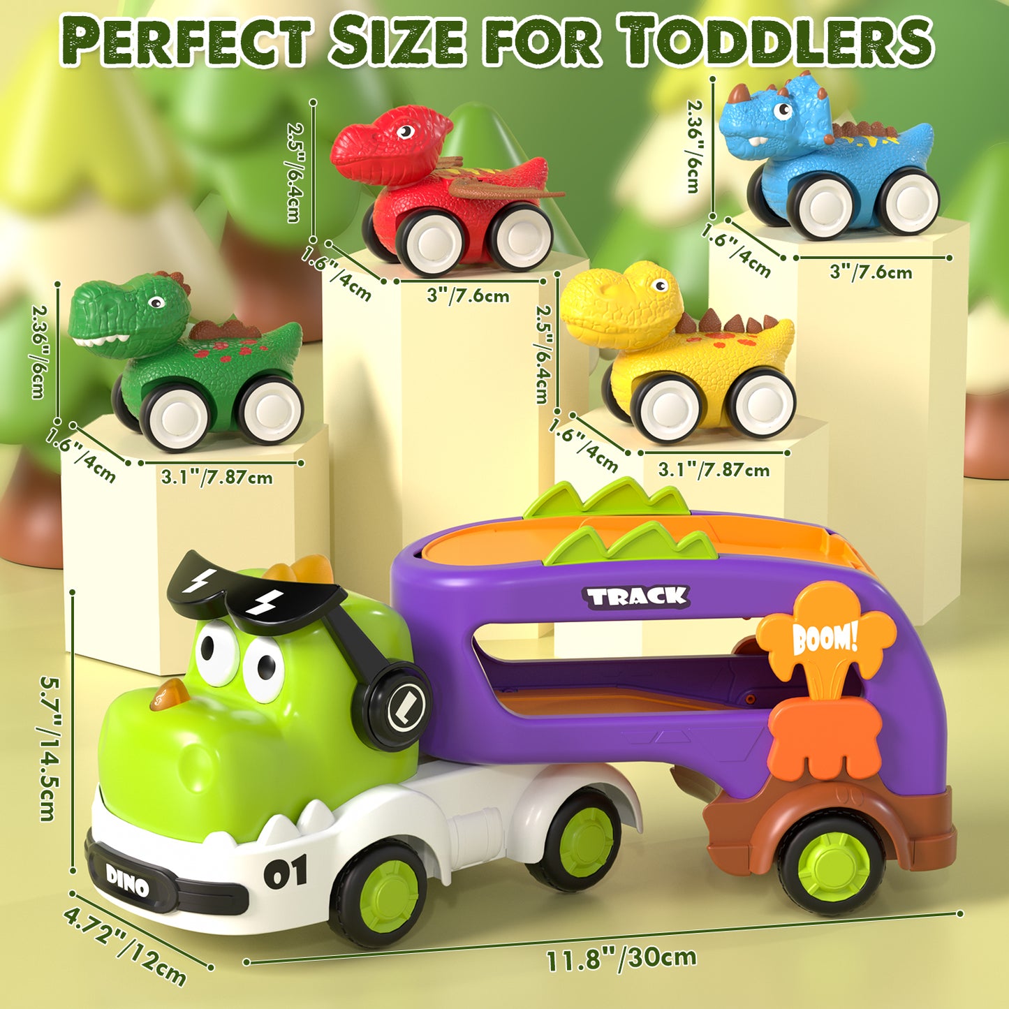 Toys for 2 Year Old Boys, Toddler Dinosaur Truck with Sounds & Lights, Toys Cars Set with Race Track, Pull Back Cars Baby Toys, Toys for Boys 2 to 4 Years Old, Best Birthday Christmas Gifts