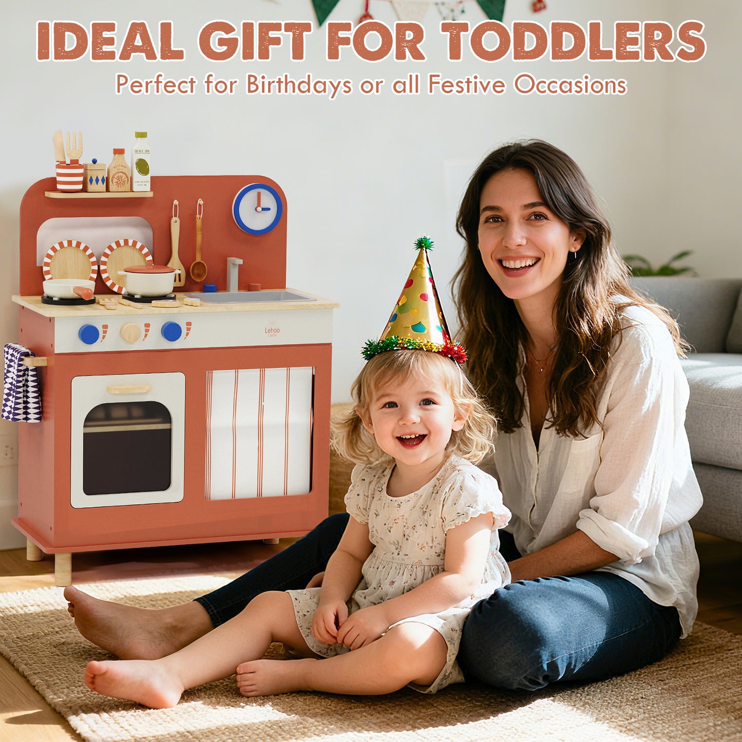 Play Kitchen, Kids Wooden Kitchen Play Set with Cutting Play Food, Pretend Play Stove + Play Sink + Oven, Toy Kitchen Set for 2 3 4 Years Old Girls Boys, Best Birthday Christmas Gifts