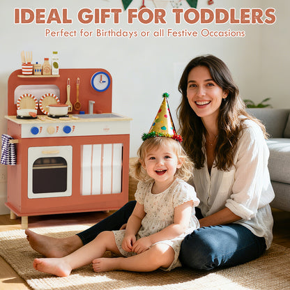 Play Kitchen, Kids Wooden Kitchen Play Set with Cutting Play Food, Pretend Play Stove + Play Sink + Oven, Toy Kitchen Set for 2 3 4 Years Old Girls Boys, Best Birthday Christmas Gifts