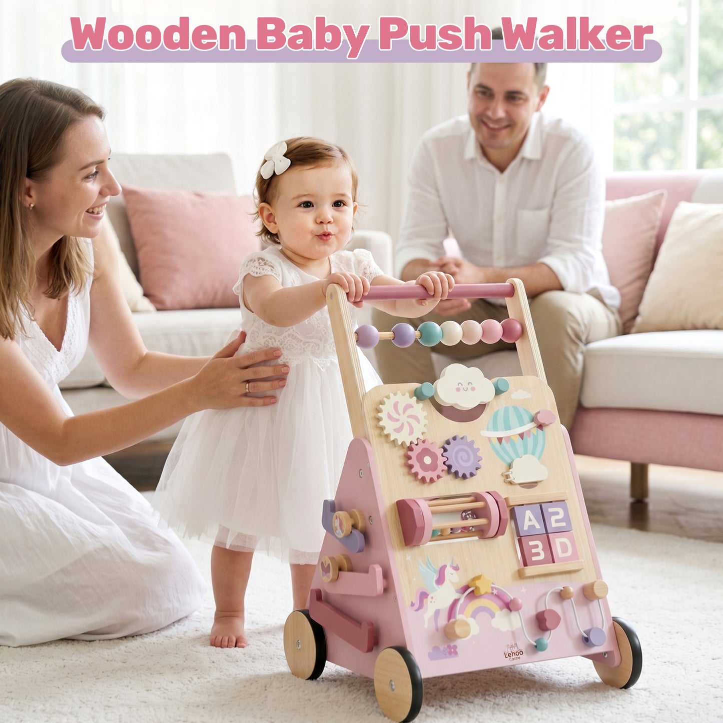 Baby Walker, Wooden Baby Push Walker with Activity Center, Push Walker Toys for Toddler Learning to Walk & Sit-to-Stand, Walking Toys for 1 Year Old