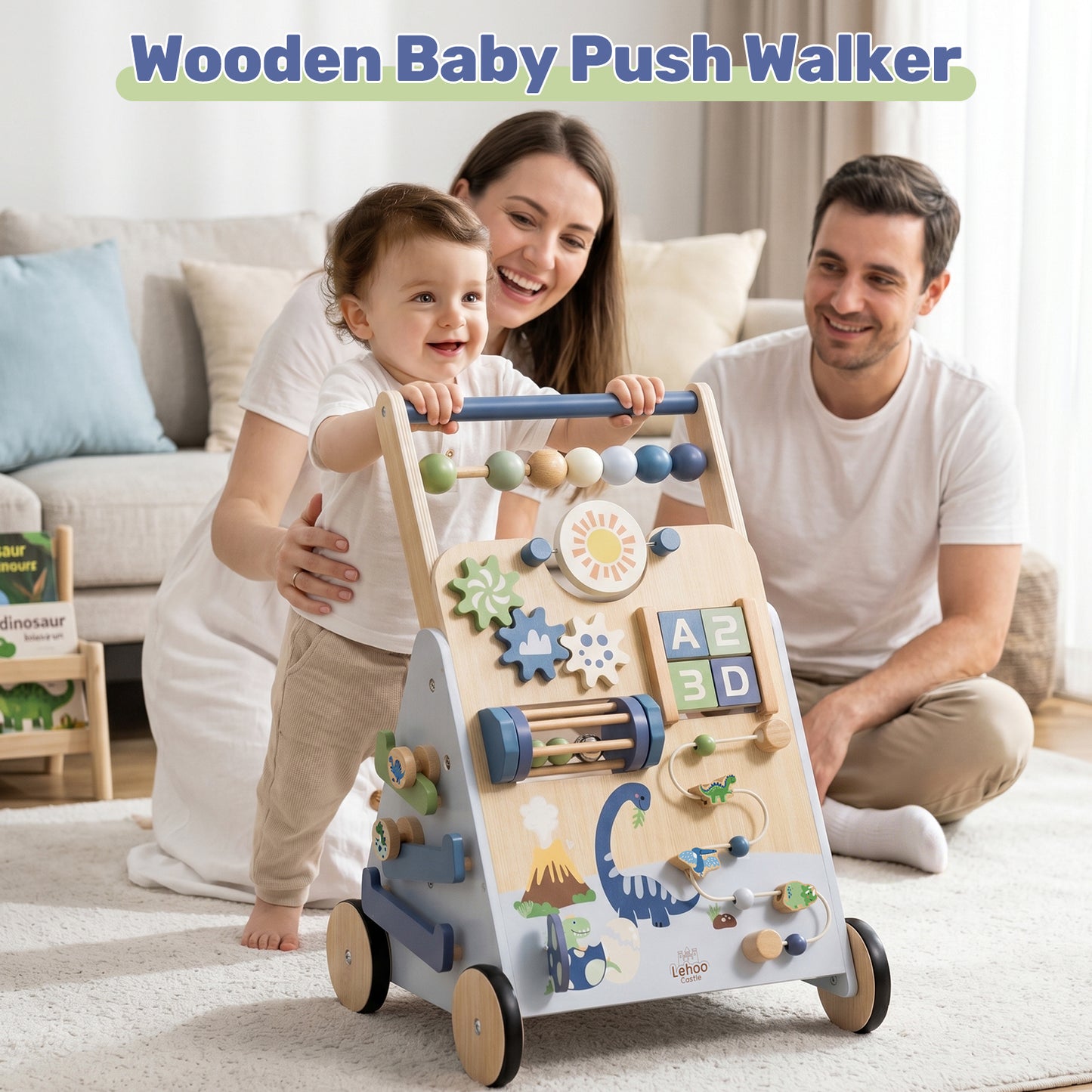 Baby Walker, Wooden Baby Push Walker with Activity Center, Push Walker Toys for Toddler Learning to Walk & Sit-to-Stand, Walking Toys for 1 Year Old