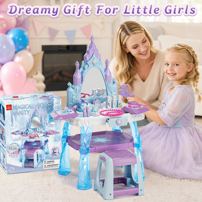 Toddler Vanity Makeup Table Toy with Mirror & Chair, Kids Vanity Set with Light & Music, Pretend Play Princess Dress Up Vanity Set, Gifts for 4 Year Old Girls