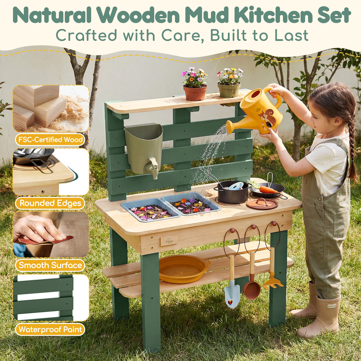 Outdoor Mud Kitchen for Kids, Outdoor Play Kitchen, Wooden Kids Mud Kitchen with Water Tank, Water Play, Cooking, Pretend Play Toys for Boys Girls Age 3+