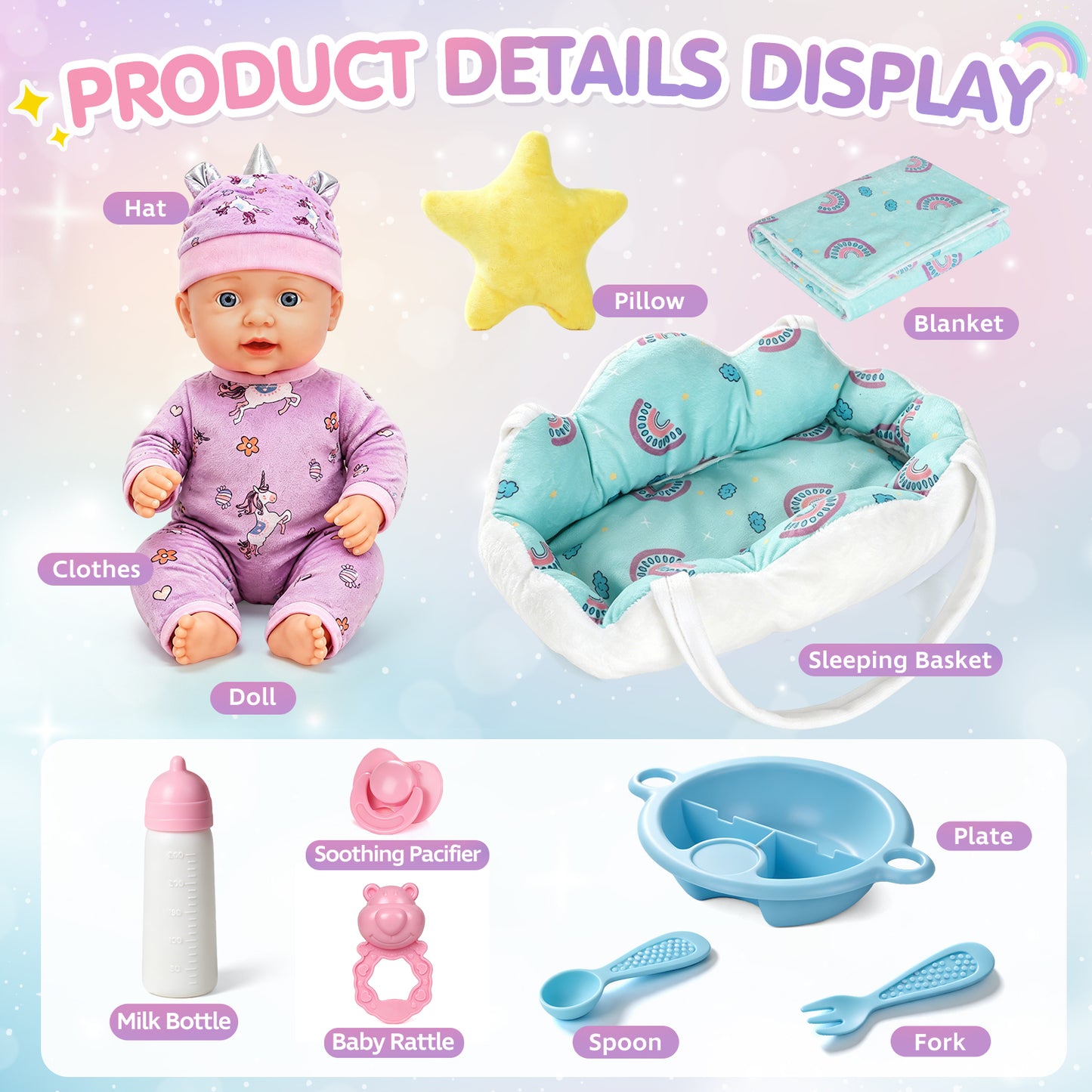 Baby Doll Set, Baby Doll Toys for Girls, 12 PCS Baby Doll Accessories Sets with Basket, hat, clothes, blanket, pillow, bottle, Pretend Play Toy Set for Toddler, Baby Doll for 2 to 4 Year Olds