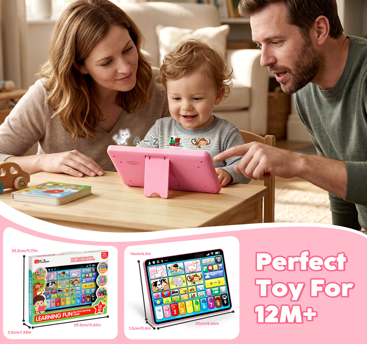 Learning Toys for Toddlers 1 3, Trilingual Learning Tablet with Music and Lights, Montessori Speech Therapy Toys, Education Learning Toys for Kids Ages 1-3 - Pink