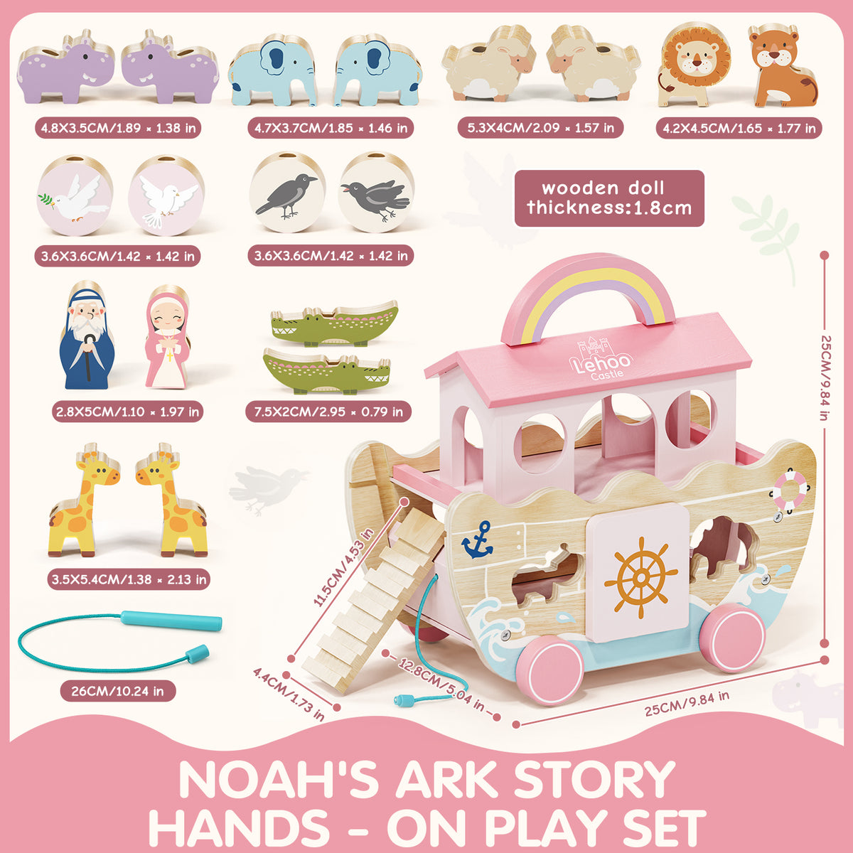 Noahs Ark Baby Toy, Toys for 1 Year Old Girls Baptism Gift, Montessori Educational Toy with Animal Shape Sorter, Montessori Toys for 1-3 Year Old