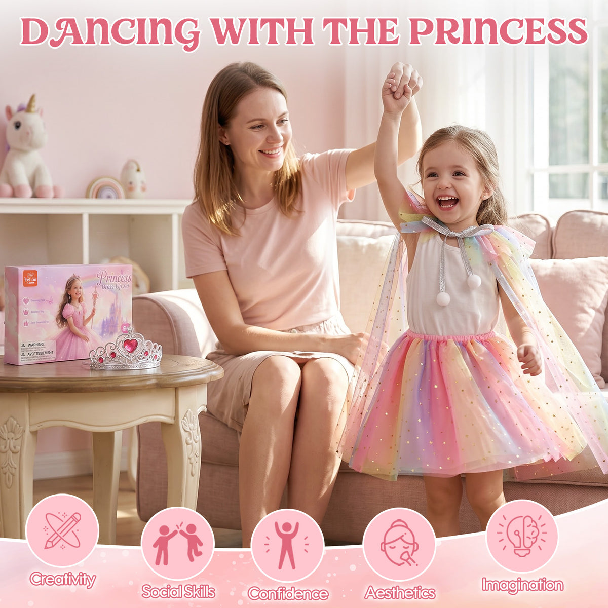 Princess Dress Up for Girls Ages 3-6, Pink Rainbow Princess Costume Set with Cape, Gloves, Crown, Wand & Jewelry, Pretend Play Dress Up Clothes, Birthday Christmas Gifts for Toddler Girls