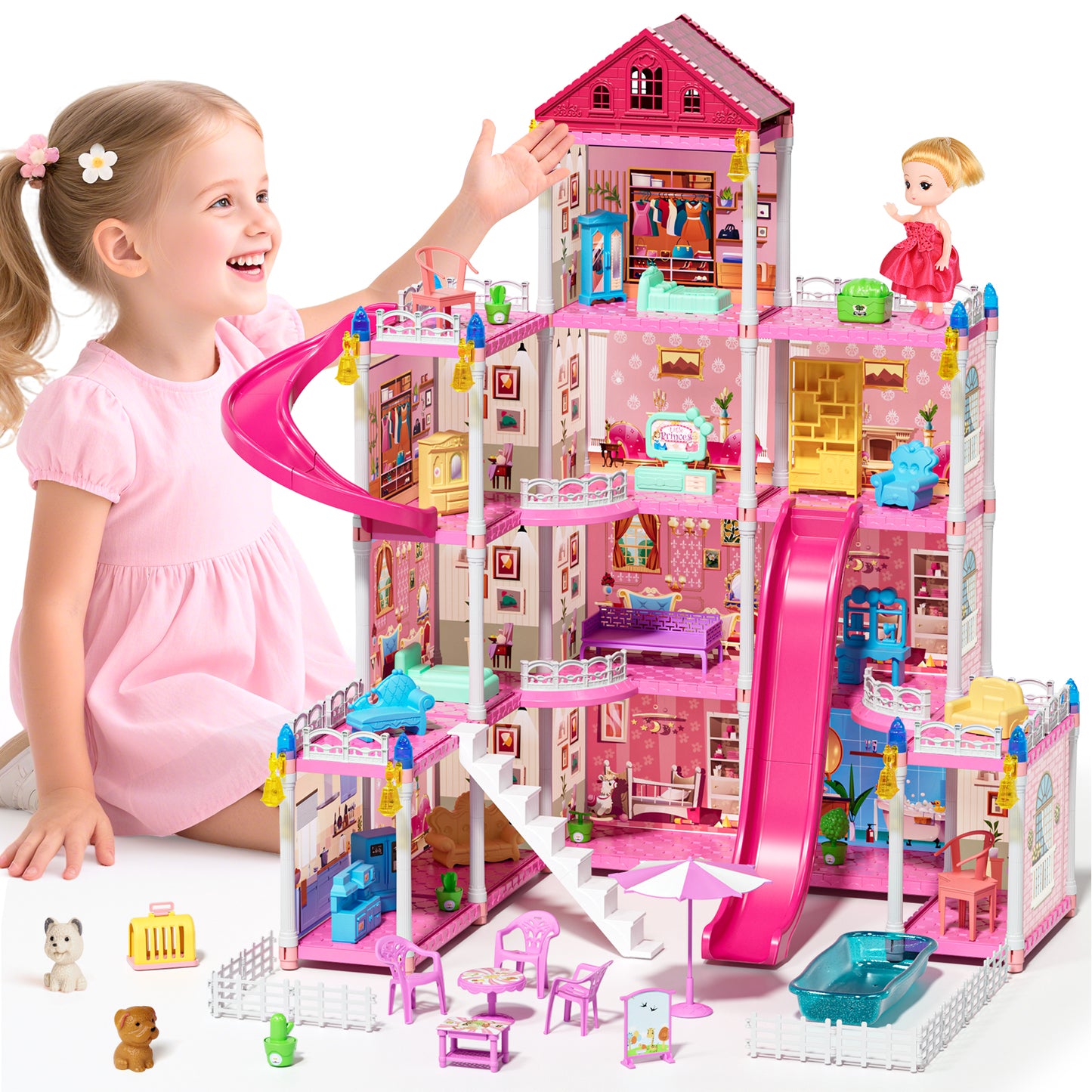 Doll House - Toys for 3 Year Old Girl Dream Dollhouse 12 Rooms Playhouse with LED Lights Furniture and Accessories, Pretend Play kit Doll House for Princess Age 3 4 5 6 7