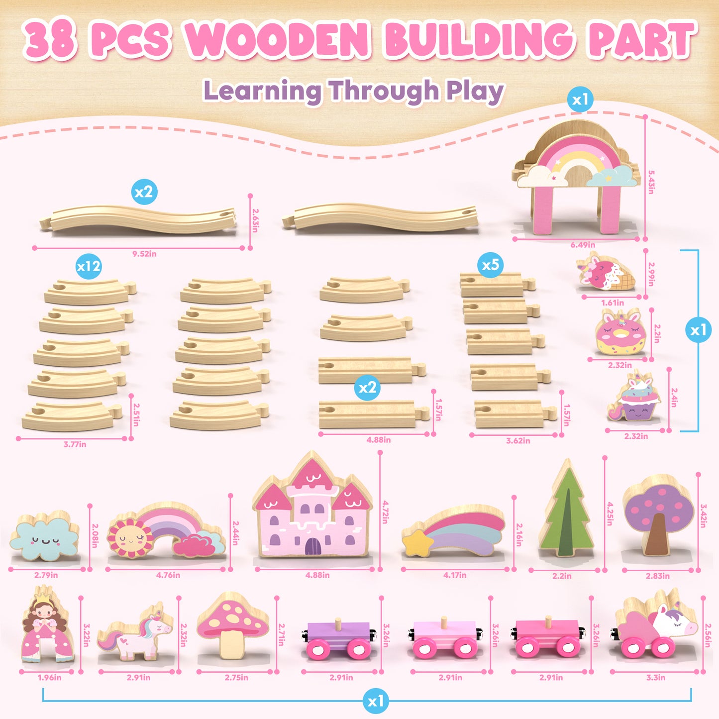 Train Set, 39 Pcs Wooden Train Set for Kids, Train Toy for Girls Boys 2 3 4 5 Year, Unicorn Train Track Set with 4 Magnetic trains & Accessories, Compatible with Other Brands