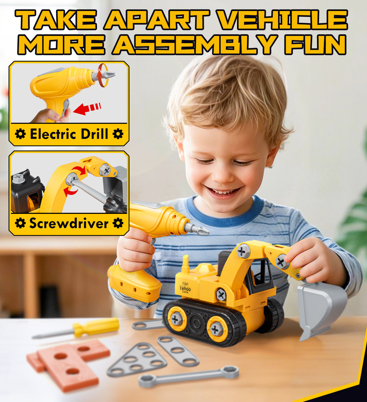 Kids Tool Set – Toddler Tool Set with Construction Vehicle & Electronic Toy Drill, Pretend Play Kids Toys, Toy Construction Tools for Kids Ages 3 4 5 6 7 8 Years Old (Black & Yellow)