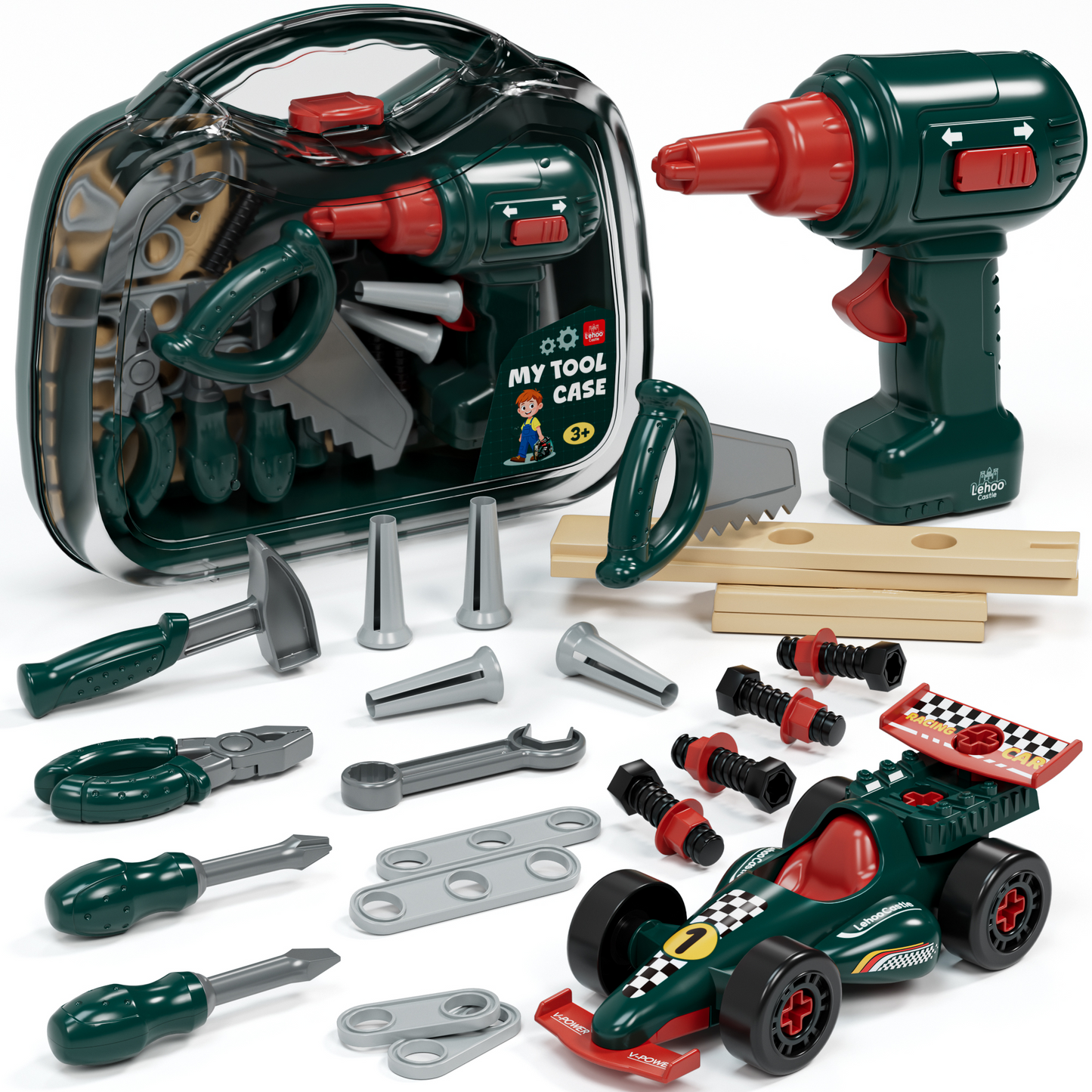 Kids Tool Set for Boys 2-4, Kids Tool Set with Carrying Case & Toy Drill & Racing Car, Montessori Stem Educational Pretend Play Construction Toy, Toys for 3 Year Old Boys Birthday Gifts