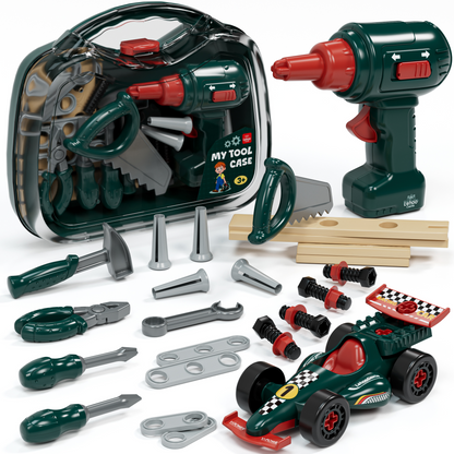 Kids Tool Set for Boys 2-4, Kids Tool Set with Carrying Case & Toy Drill & Racing Car, Montessori Stem Educational Pretend Play Construction Toy, Toys for 3 Year Old Boys Birthday Gifts