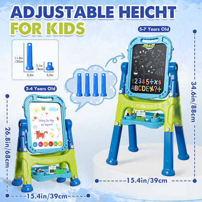 Easel for Kids, 4 in 1 Double Side Magnetic Chalk Board with Painting Accessories, Adjustable Standing Art Easel for Toddler, Kids Art Easel for Boys Girls Birthday Gift - Blue