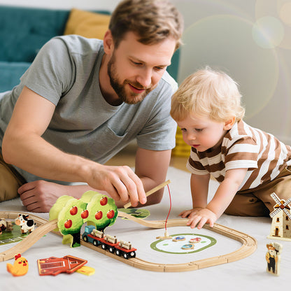 Farm Animals Train Toy Set, 77PCS Wooden Train Track Toy Set with Farm Accessories, Wooden Train Set for Kids 3 4 5 Year Old, Best Birthday Gift for Kids
