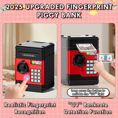 Piggy Banks for Kids, Fingerprint Recognition Electronic Money Saving Box with Password Protection, Automatic Paper Money Scroll - Red