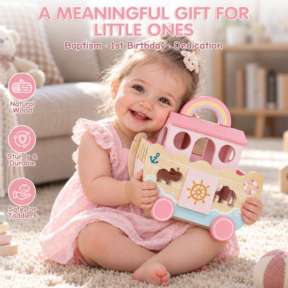 Noahs Ark Baby Toy, Toys for 1 Year Old Girls Baptism Gift, Montessori Educational Toy with Animal Shape Sorter, Montessori Toys for 1-3 Year Old