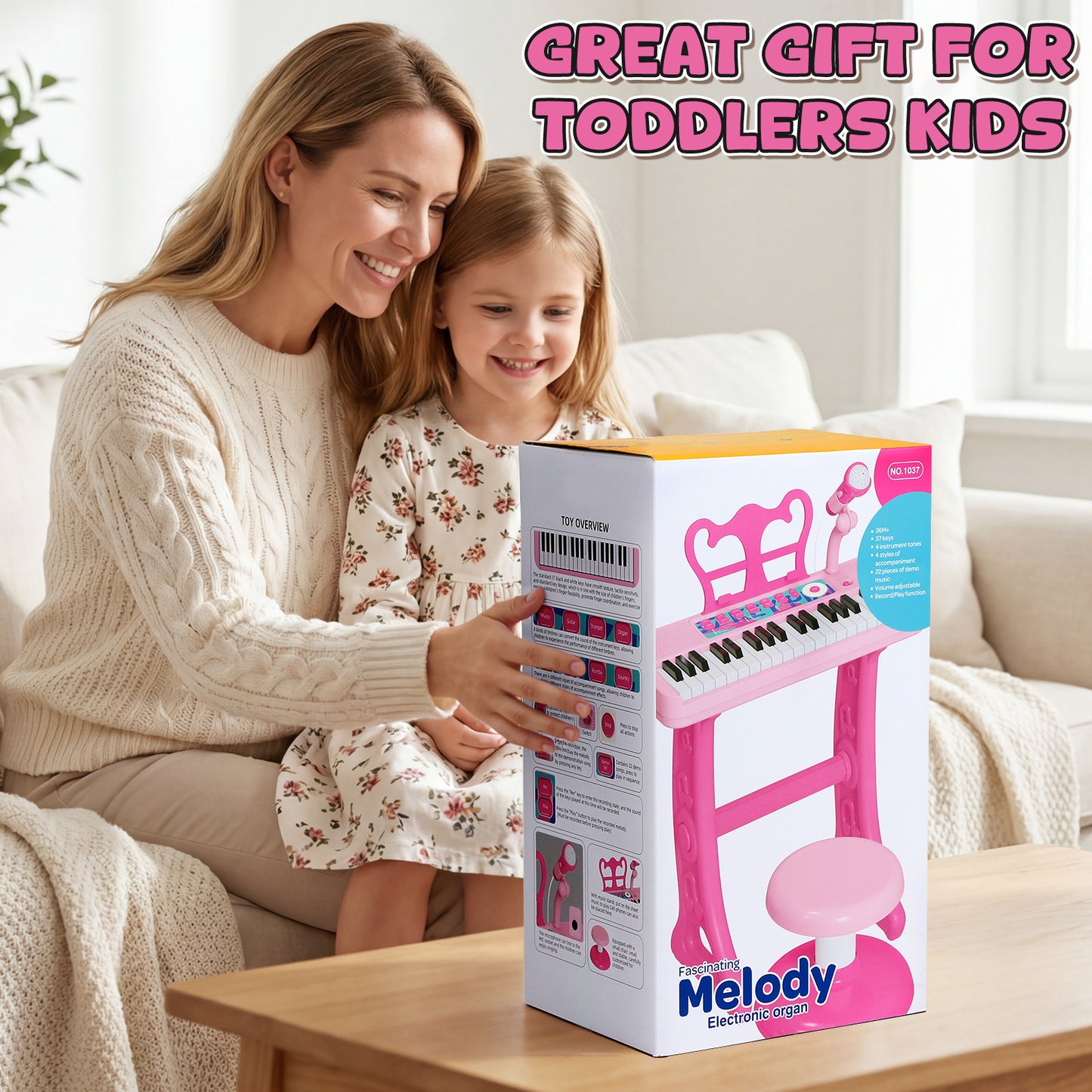 Keyboard Piano for Kids, 37 Keys Musical Instruments with Microphone & Stood & Chair, Musical Toys for 1 2 Years, Birthday Christmas Gifts for 1 2 3 Year Old Girls