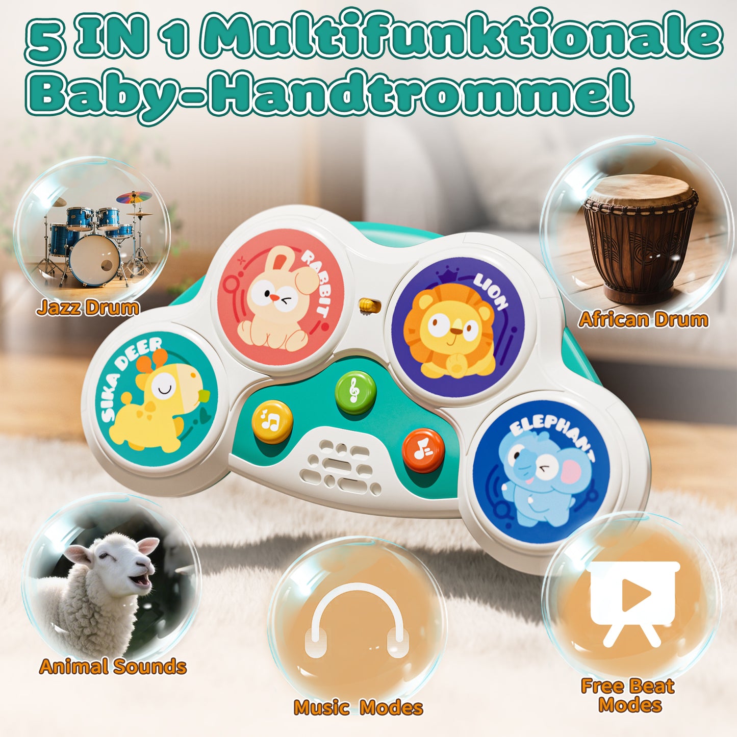 Kids Drum Set, Toys for 1 Year Old, Drum Sets for Kids 1 to 4, Animal Drum Set with Light & Music, Montessori Toy for 1 Year Old Boys Girls, Learning Educational Developmental Baby Toys 12-18 Mouth