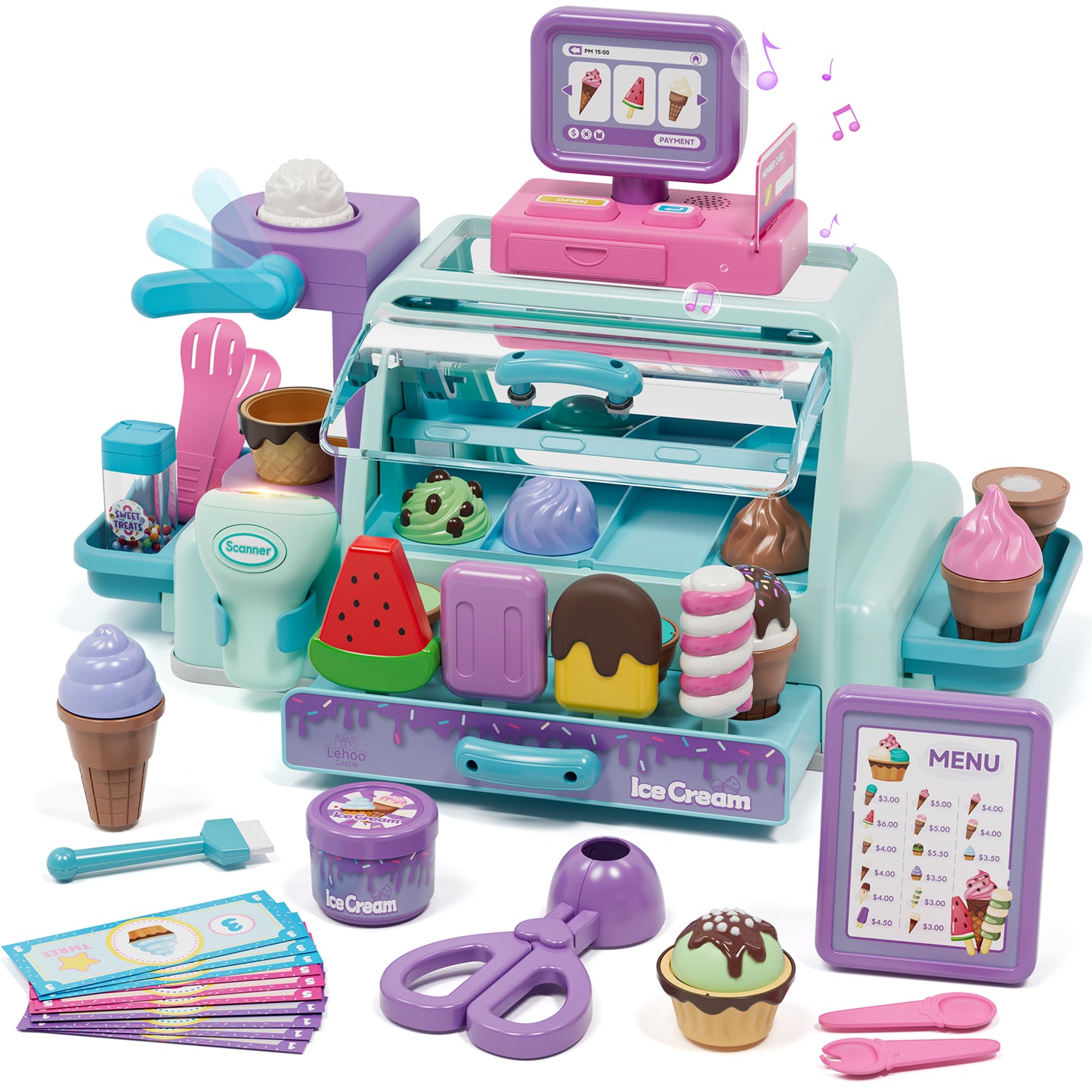 Ice Cream Toys for Toddlers 3-5, Pretend Play Food Toys for Girls, Ice Cream Counter Playset, Ice Cream Shop Toys for Kids, Include Checkout Counter with POS, Best Birthday Christmas Gift for Girls