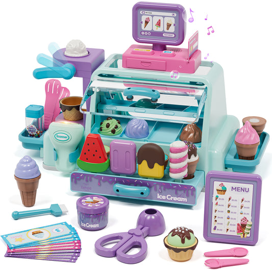Ice Cream Toys for Toddlers 3-5, Pretend Play Food Toys for Girls, Ice Cream Counter Playset, Ice Cream Shop Toys for Kids, Include Checkout Counter with POS, Best Birthday Christmas Gift for Girls