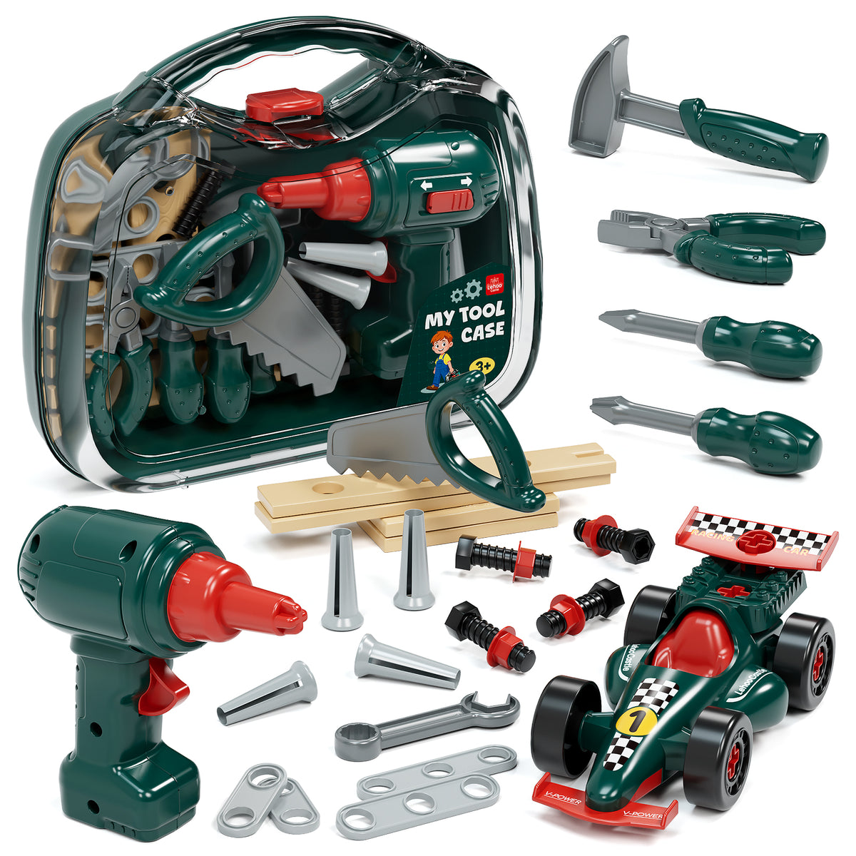 Kids Tool Set, Toolbox Set with Carrying Case & Electric Drill & Take Apart Toy Racing Car, Montessori Educational Learning Toy, Toys for 3 Year Old Boys Birthday Gifts