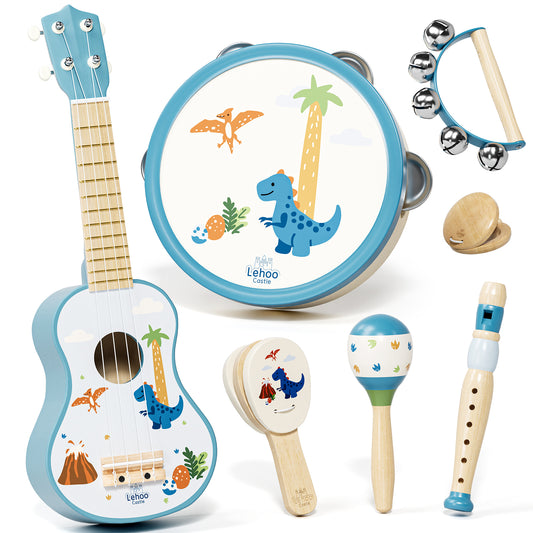 Kids Guitar, Wooden Musical Instruments for Kids, 7 in 1 Dinosaur Music Toys, Band Sets with Ukulele Flute Tambourine Maracas... Montessori Toys for 2 3 Year Old Boy Girls