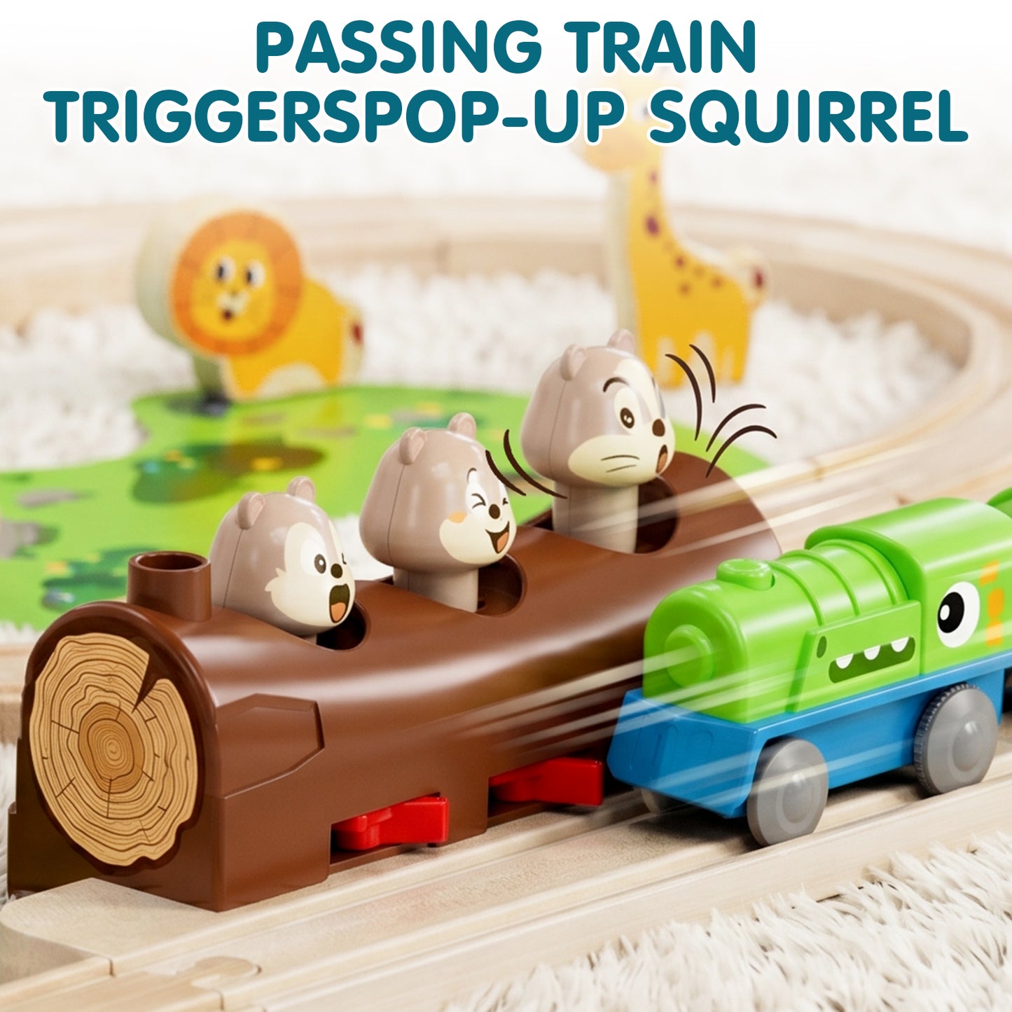 Train Set, Wooden Train Set for Kids, Train Toy for Girls Boys 2 3 4 5 Year, Train Set with Amusement Park Theme, Compatible with Other Brands