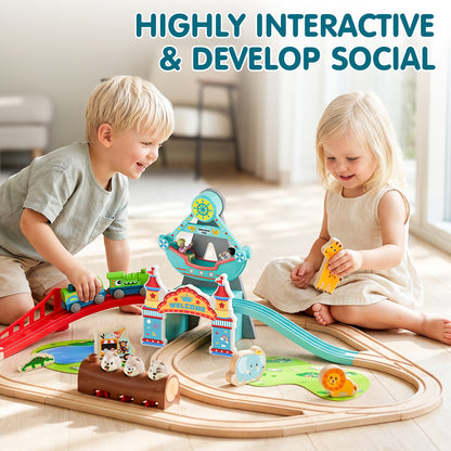 Train Set, Wooden Train Set for Kids, Train Toy for Girls Boys 2 3 4 5 Year, Train Set with Amusement Park Theme, Compatible with Other Brands