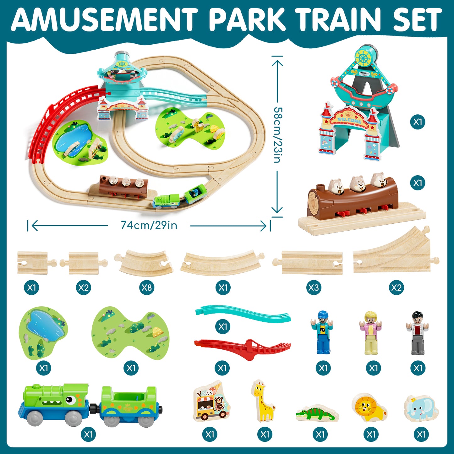 Train Set, Wooden Train Set for Kids, Train Toy for Girls Boys 2 3 4 5 Year, Train Set with Amusement Park Theme, Compatible with Other Brands