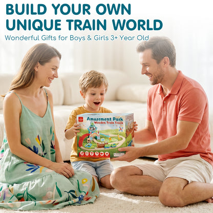 Train Set, Wooden Train Set for Kids, Train Toy for Girls Boys 2 3 4 5 Year, Train Set with Amusement Park Theme, Compatible with Other Brands