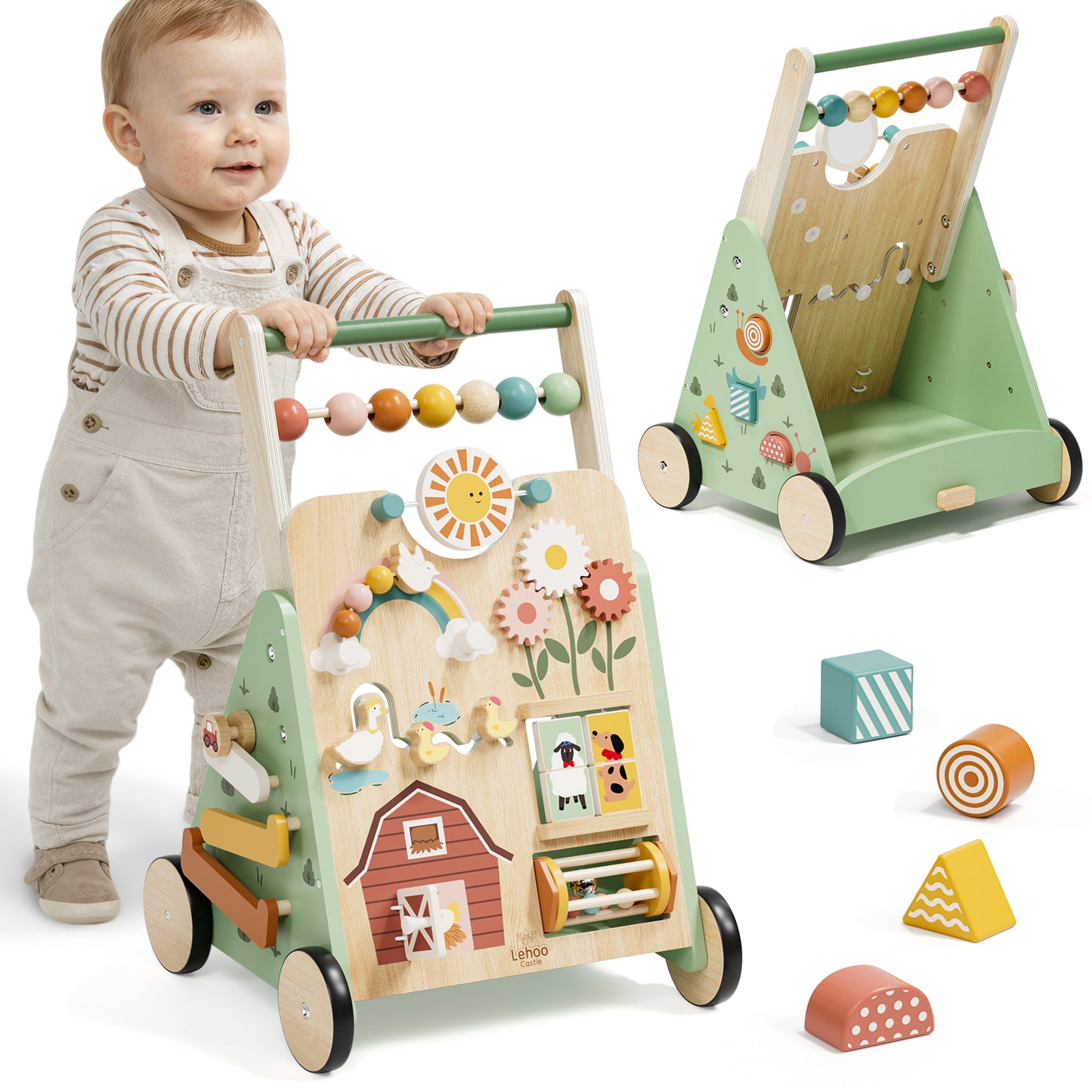 Baby Walker, Wooden Baby Push Walker with Activity Center, Push Walker Toys for Toddler Learning to Walk & Sit-to-Stand, Walking Toys for 1 Year Old