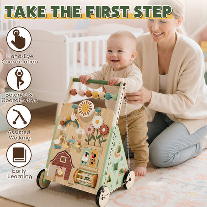Baby Walker, Wooden Baby Push Walker with Activity Center, Push Walker Toys for Toddler Learning to Walk & Sit-to-Stand, Walking Toys for 1 Year Old