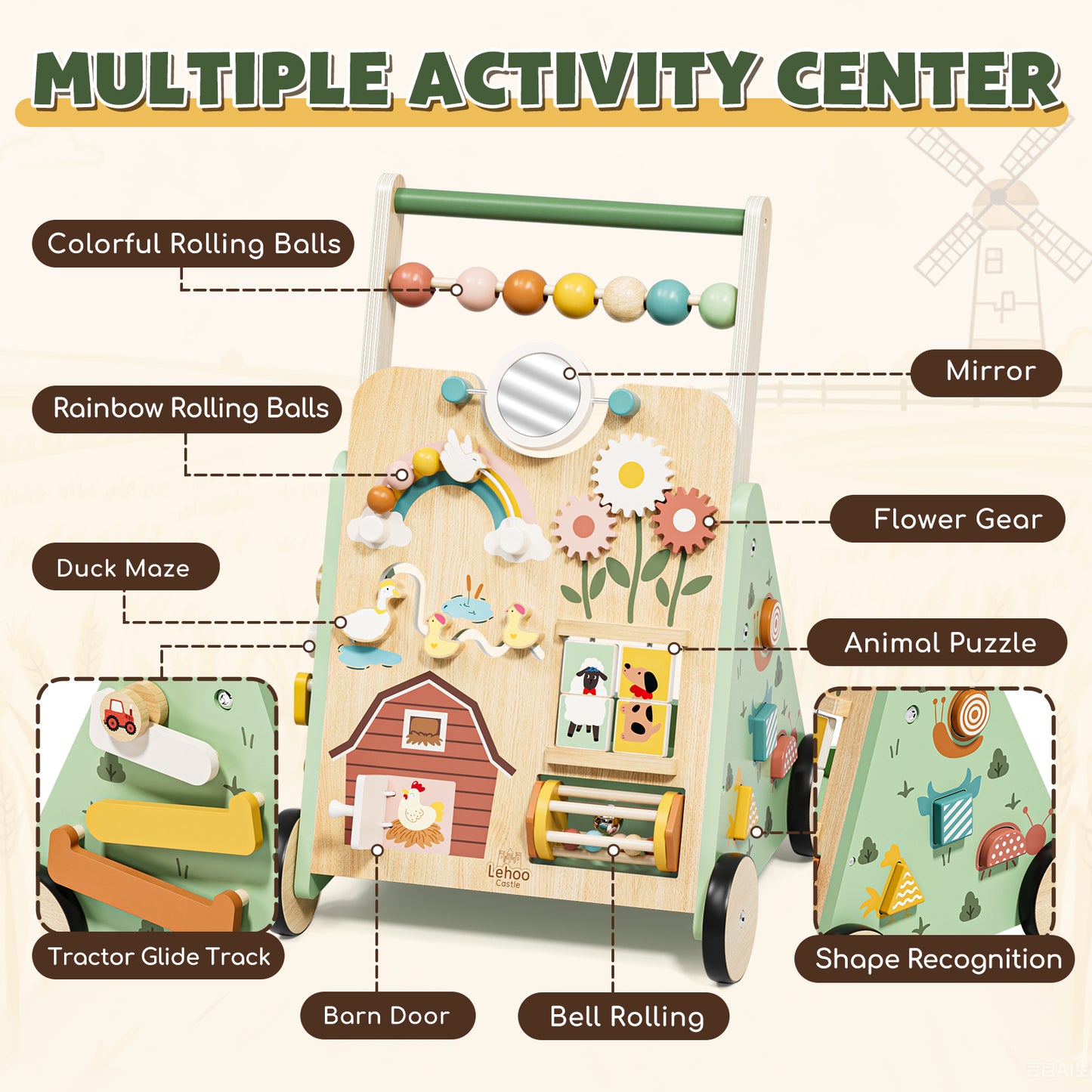 Baby Walker, Wooden Baby Push Walker with Activity Center, Push Walker Toys for Toddler Learning to Walk & Sit-to-Stand, Walking Toys for 1 Year Old