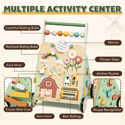 Baby Walker, Wooden Baby Push Walker with Activity Center, Push Walker Toys for Toddler Learning to Walk & Sit-to-Stand, Walking Toys for 1 Year Old