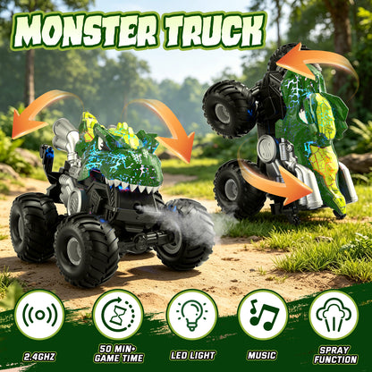 Remote Control Cars, Monster Truck Toys for Boys 3-7 Year Old, RC Monster Trucks with Lights & Spray, 2.4Ghz RC Monster Truck with 2 Rechargeable Batteries, Toys for 3-7 Year Old Boys Gift