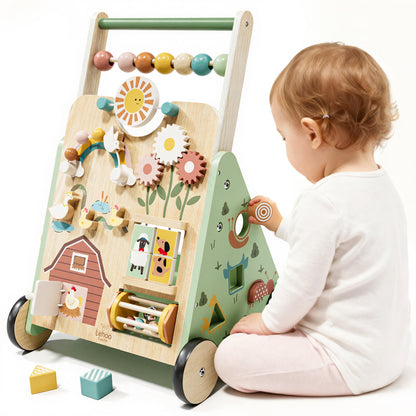 Baby Walker, Wooden Baby Push Walker with Activity Center, Push Walker Toys for Toddler Learning to Walk & Sit-to-Stand, Walking Toys for 1 Year Old