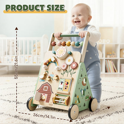 Baby Walker, Wooden Baby Push Walker with Activity Center, Push Walker Toys for Toddler Learning to Walk & Sit-to-Stand, Walking Toys for 1 Year Old