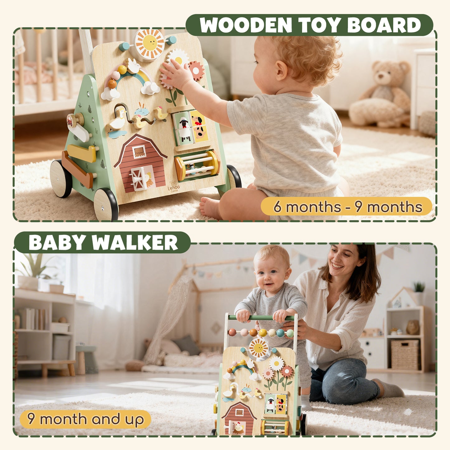 Baby Walker, Wooden Baby Push Walker with Activity Center, Push Walker Toys for Toddler Learning to Walk & Sit-to-Stand, Walking Toys for 1 Year Old