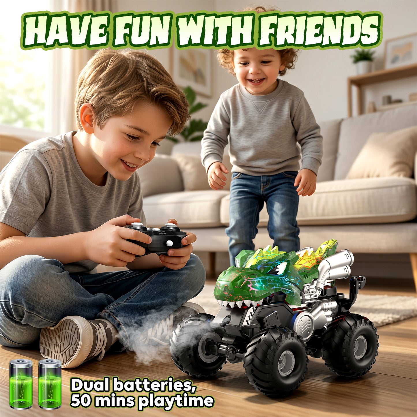 Remote Control Cars, Monster Truck Toys for Boys 3-7 Year Old, RC Monster Trucks with Lights & Spray, 2.4Ghz RC Monster Truck with 2 Rechargeable Batteries, Toys for 3-7 Year Old Boys Gift