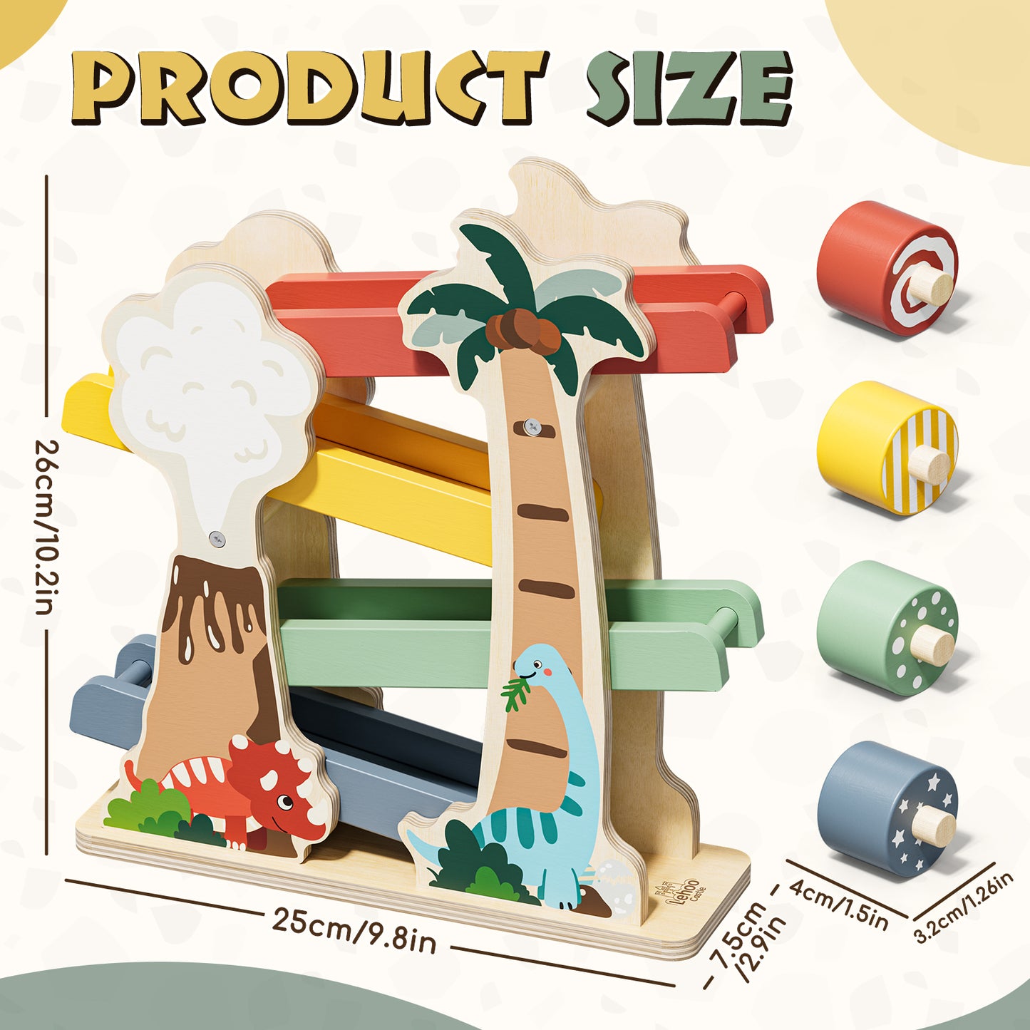 1 Year Old Toys for Boys, Car Ramp Toy, Dinosaur Wooden Race Track with 4 Rollers, Toddler Race Track Toy for 1-3 Year Old Boys Girls