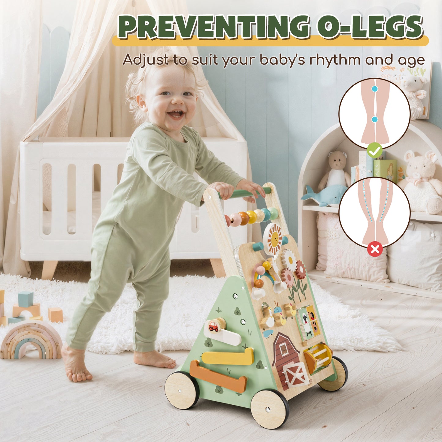 Baby Walker, Wooden Baby Push Walker with Activity Center, Push Walker Toys for Toddler Learning to Walk & Sit-to-Stand, Walking Toys for 1 Year Old