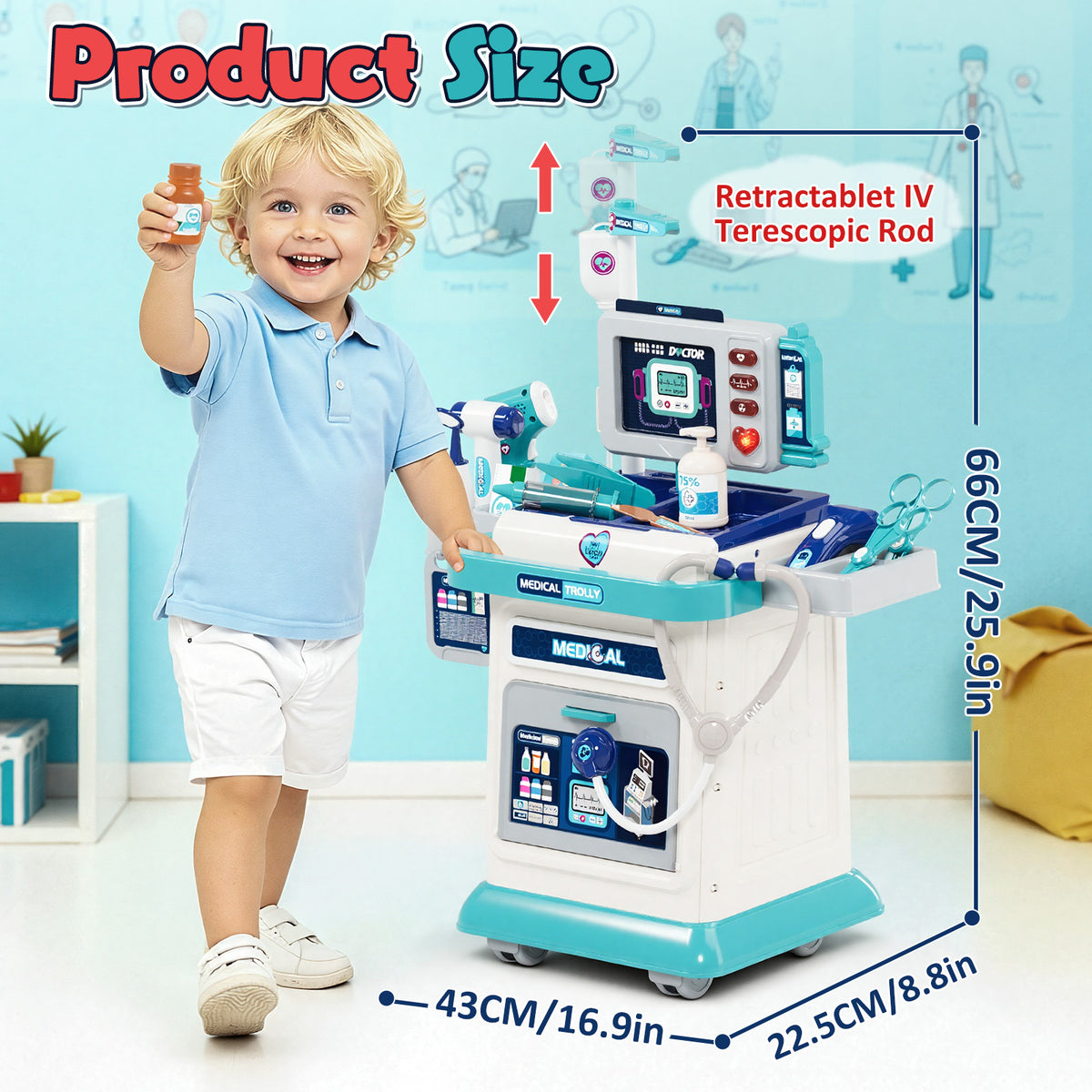 Doctor Kit for Toddlers 3-5, Pretend Play Medical Kit Toy, Toddler Medical Cart Toy with Sound & Medical Accessories for 2 3 4 5 Year Old Boys Girls Birthday Gifts