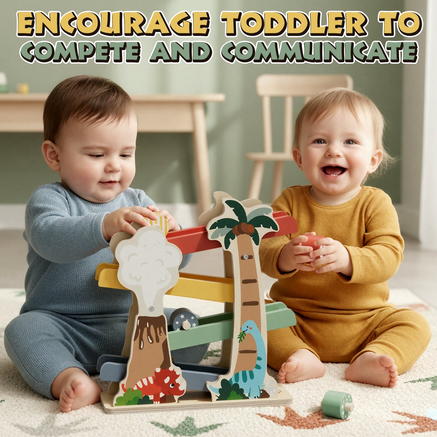 1 Year Old Toys for Boys, Car Ramp Toy, Dinosaur Wooden Race Track with 4 Rollers, Toddler Race Track Toy for 1-3 Year Old Boys Girls