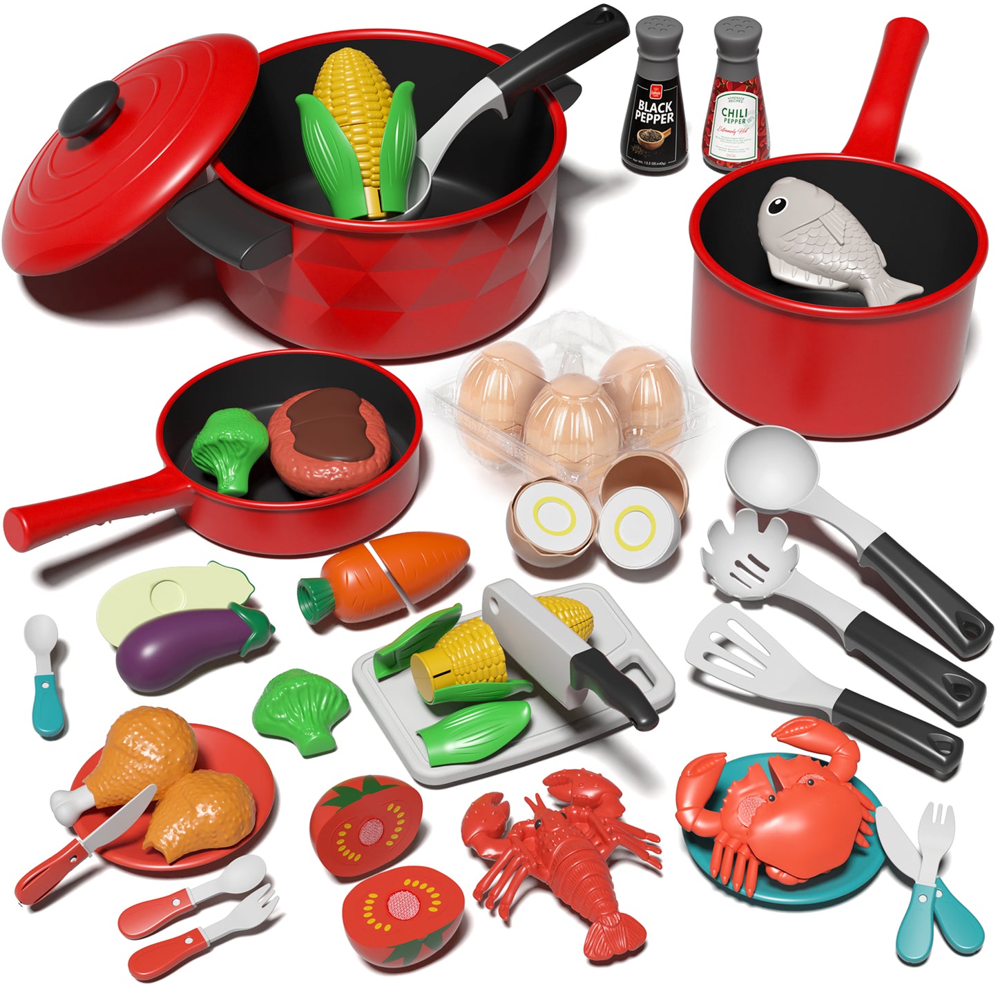 Play Food Sets, Pretend Play Kitchen Accessories with Pot & Pan, Learning Education Toy for 3-5 Kids