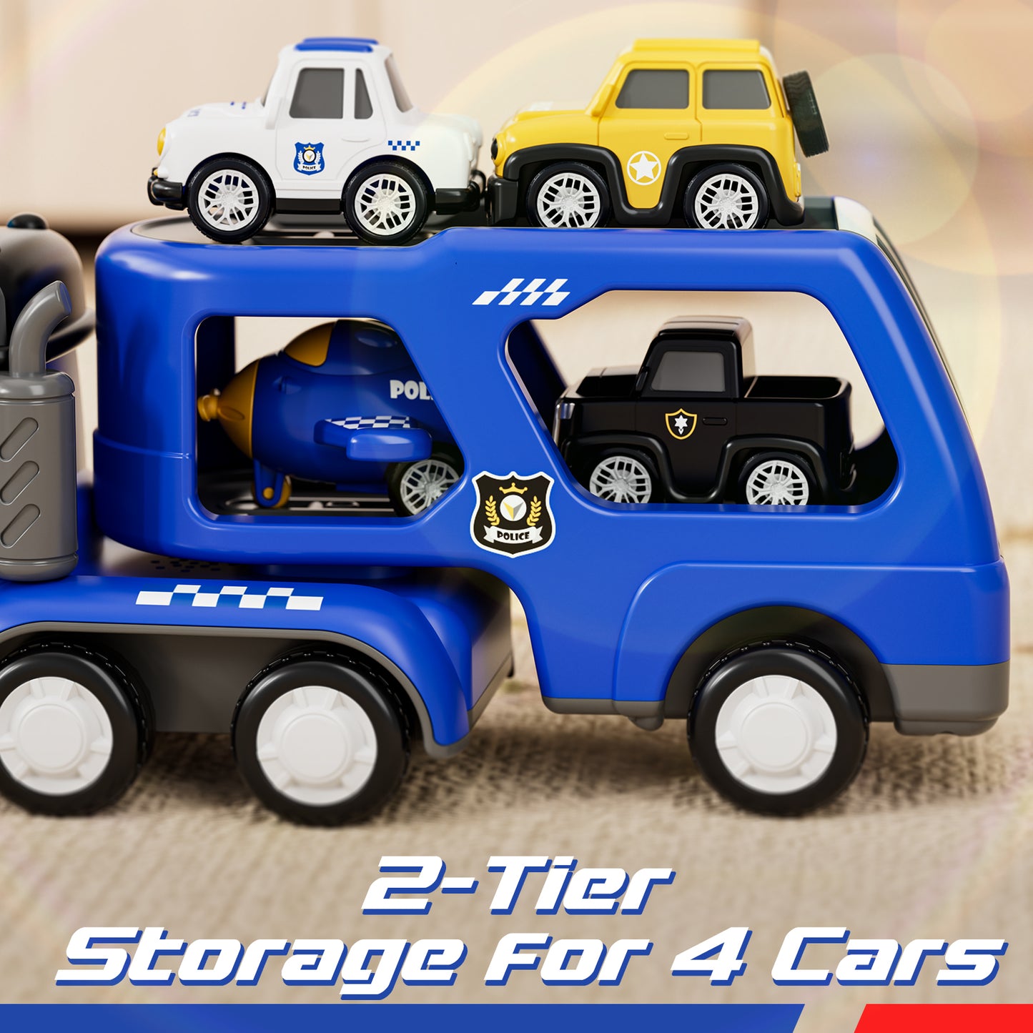Toys for 2 Year Old Boy, Toy Trucks Car for Boys 2 3 4 5 Years Old, Police Truck Toys Cars with Lights & Sounds, 5 in 1 Toddler Carrier Truck Toy with 4 Pull Back Cars, Best Birthday Gifts for Boys