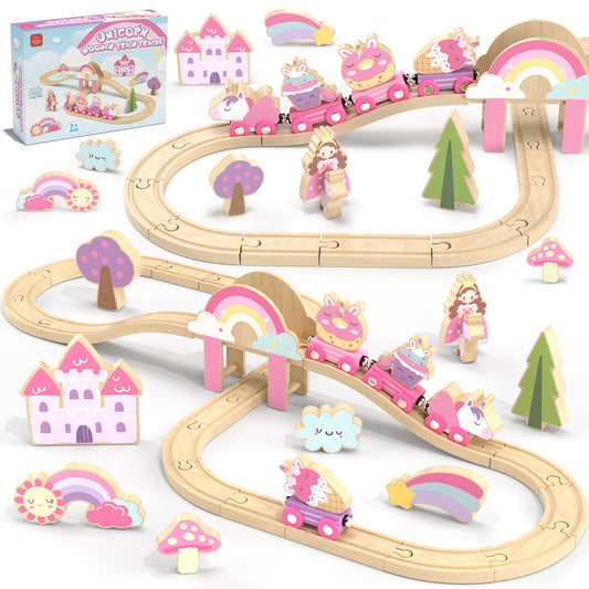 Train Set, 39 Pcs Wooden Train Set for Kids, Train Toy for Girls Boys 2 3 4 5 Year, Unicorn Train Track Set with 4 Magnetic trains & Accessories, Compatible with Other Brands