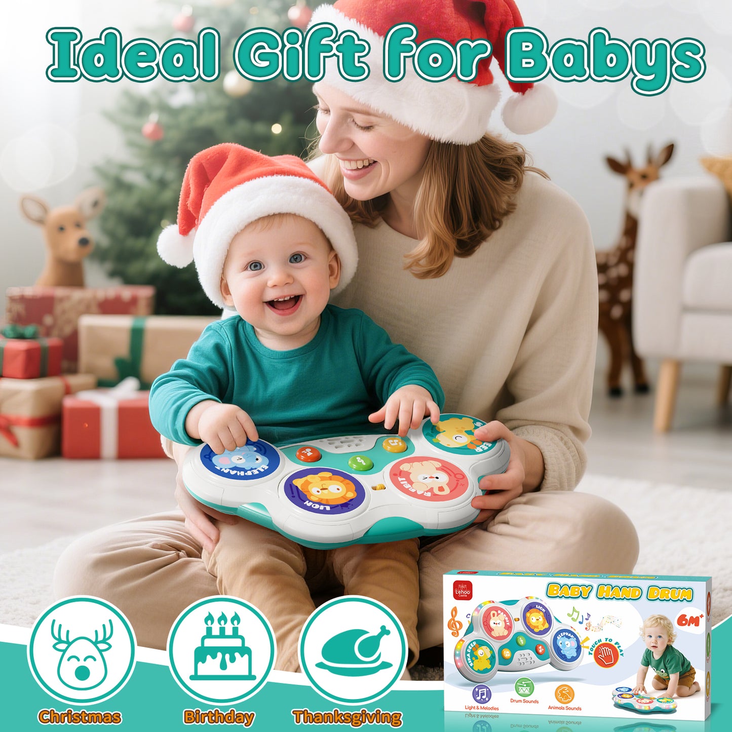 Kids Drum Set, Toys for 1 Year Old, Drum Sets for Kids 1 to 4, Animal Drum Set with Light & Music, Montessori Toy for 1 Year Old Boys Girls, Learning Educational Developmental Baby Toys 12-18 Mouth